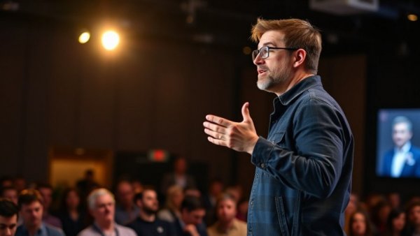 Casual male speaker presenting on stage at a conference