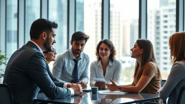 Team meeting in modern office discussing career success strategies.