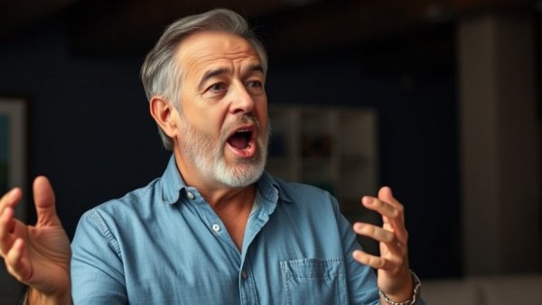 Middle-aged man expressing passionately about overcoming negativity indoors.