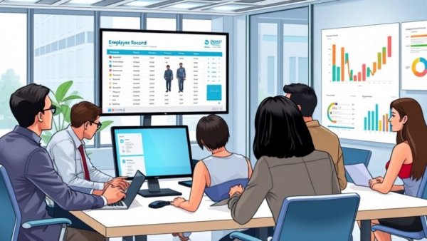 Employee Records Software Benefits illustrated in an office with team collaboration.