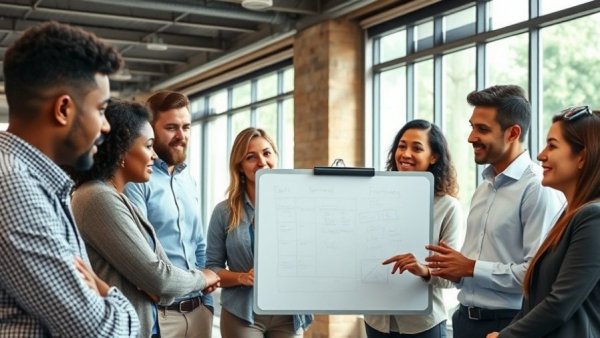 Professionals brainstorming business name in a collaborative office meeting.