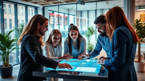 User flow in website design discussed by a team using digital interface.