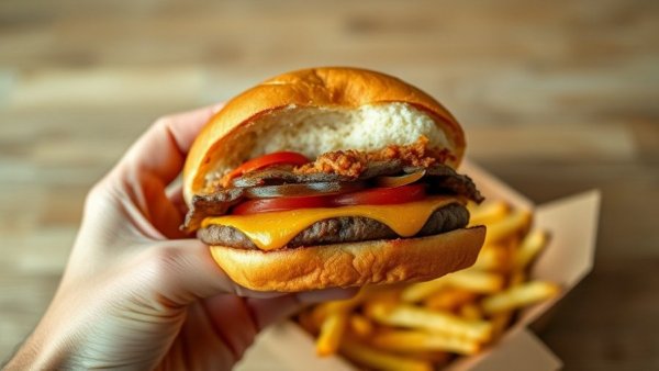 Hand holding a half-eaten burger with fries, illustrating restaurant franchise meal.