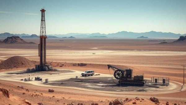 Geothermal drilling site set in a vast desert landscape.