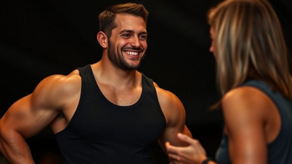 Muscular man engaging in positive online interaction indoors.