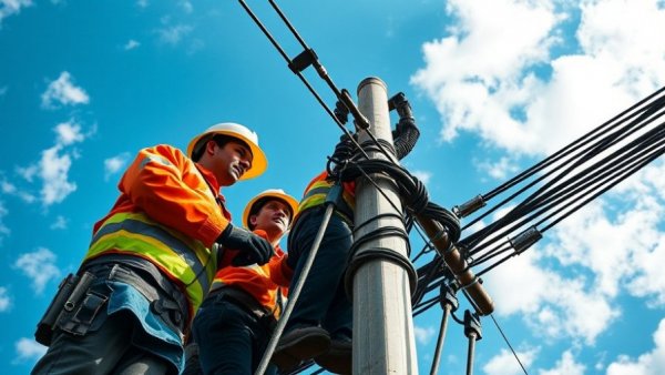 Lineworkers maintain power lines against blue sky; rising electricity costs midterm elections.