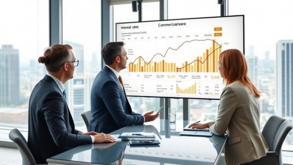 Professionals discussing commercial loan interest rates in a modern office.