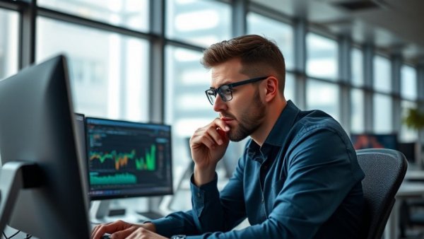 Thoughtful man analyzing data at desk in modern office.
