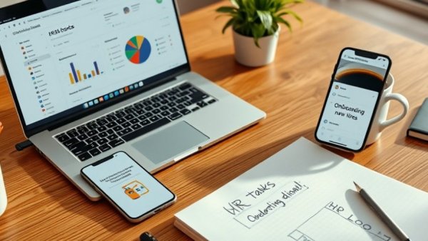Organized workspace with essential online HR tools for small businesses.