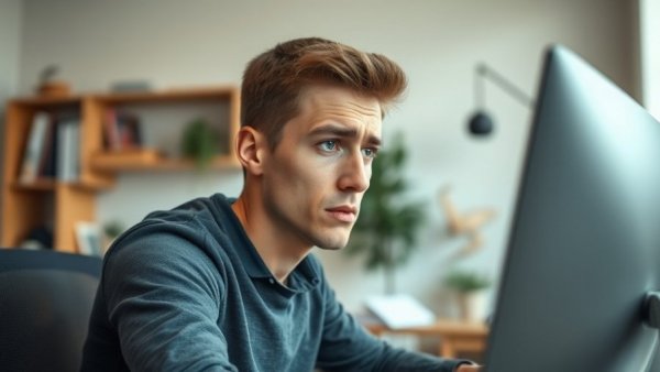 Man confused work on computer; illustrating website without clear value concept.