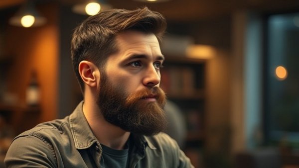 Authentic content in social media: bearded man in conversation, warm lighting.