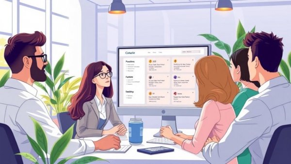 Diverse team discusses customer rewards platform in modern office.