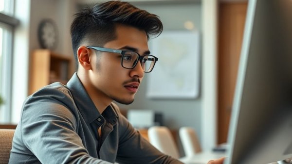 Professional young man at computer in modern office setting
