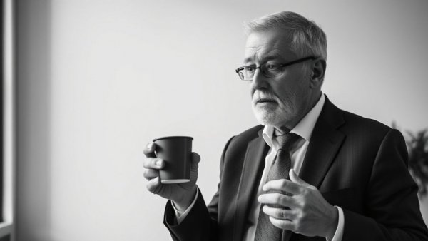 Older man discussing cynicism tax in black and white office setting.