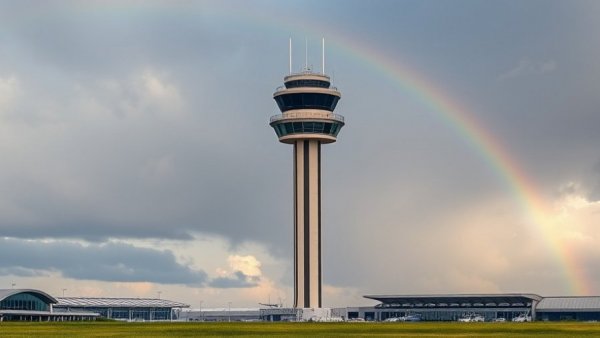 Airport control tower with rainbow in cloudy sky backdrop.