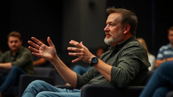 Discussing finding happiness in negativity, seated individual gesturing.