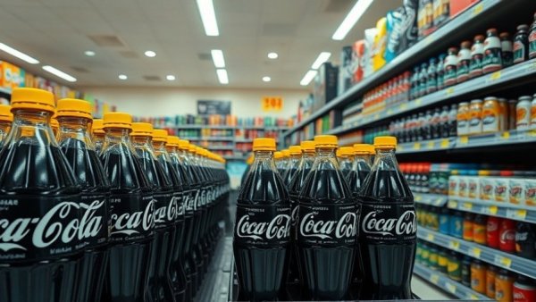 Coca-Cola bottles with yellow Passover caps on grocery shelf.
