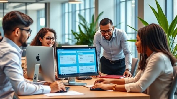 Team discussing payroll services at modern office.