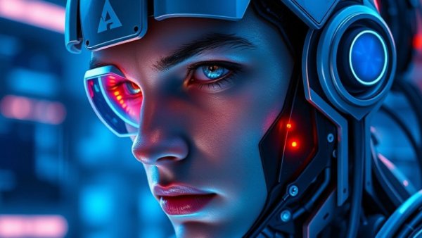 Win with AI in 2026: Futuristic cyborg with a determined look.