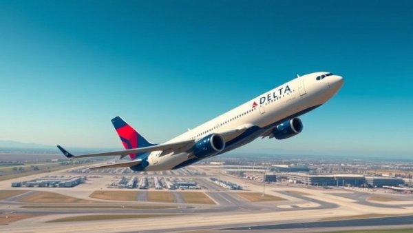 Delta airplane in flight at airport, clear day