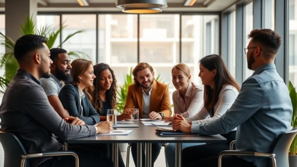 Diverse team discussing conflict resolution strategies in office.