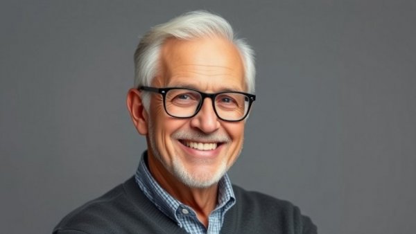 Confident older man smiling warmly on a gray background.