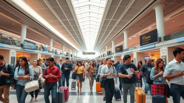 Travelers with luggage in a busy airport, United Airlines checked bag fees increase.