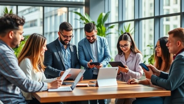 Team meeting discussing visual content marketing strategies with laptops and tablets.