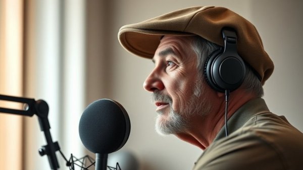 Man speaking into microphone during podcast reflects short-term struggles long-term happiness.