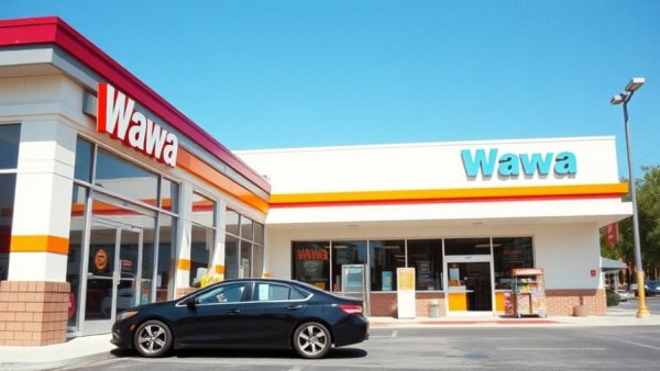 Wawa exterior with curbside pickup sign and parked car.