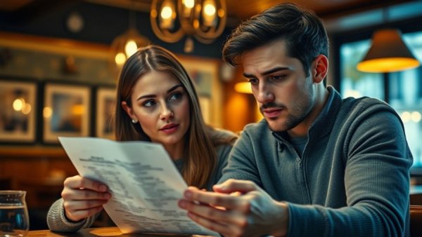 Couple reviewing bill at restaurant, illustrating rising gas prices impact.