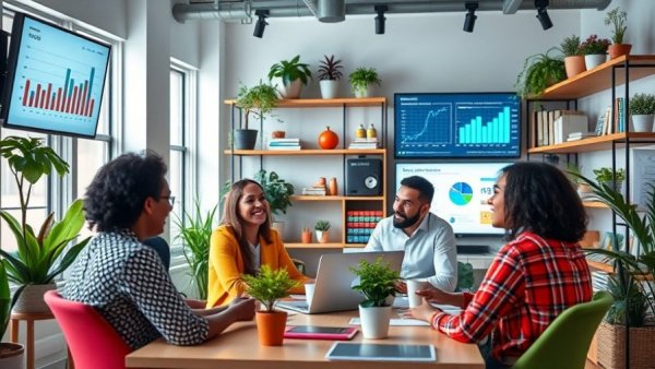 Diverse team in modern office discussing benefits of online HR solutions.