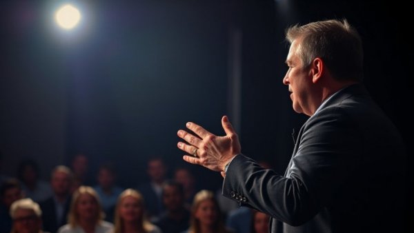 Dynamic speaker emphasizing points in technology discussion.