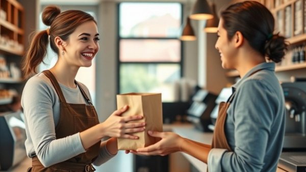 Customer and waitress exchange smiles; efficiency vs empathy in restaurants.