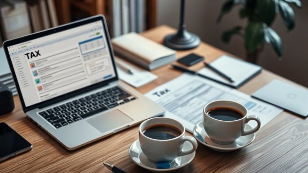 Organized workspace with laptop and tax documents for understanding small business taxes.