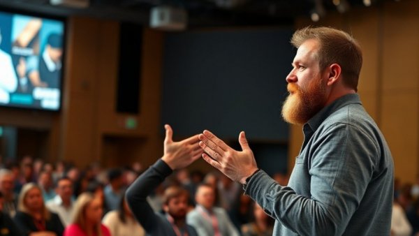 Speaker engaging audience at business scaling event.