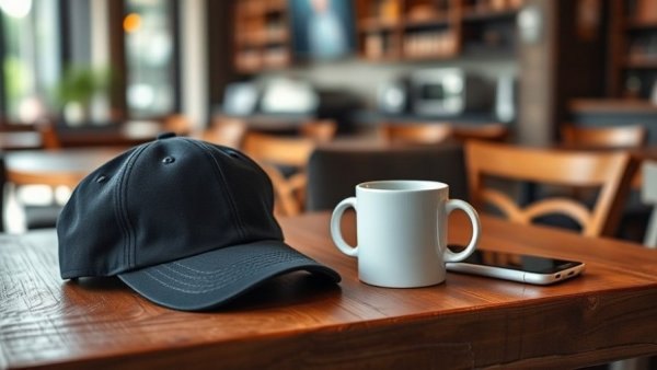 Rustic table with restaurant merchandise including a cap and mug.