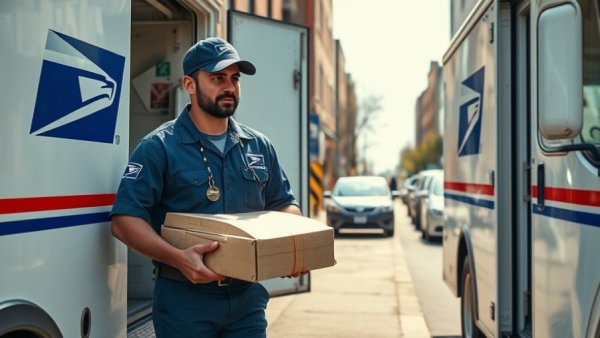 USPS worker loading truck with packages on an urban street.