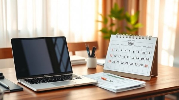 Workspace with laptop and 2025 calendar highlighting tax deadlines.