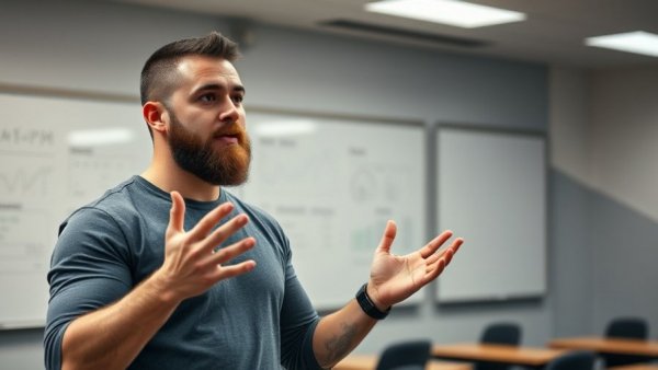 Confident athletic man in classroom during a lecture on SEO.