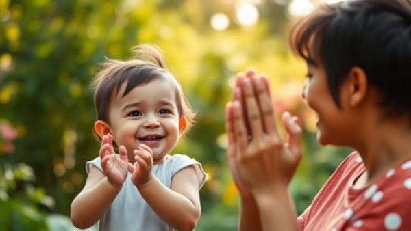 Happy family scene in garden, baby clapping hands amid lush greenery.