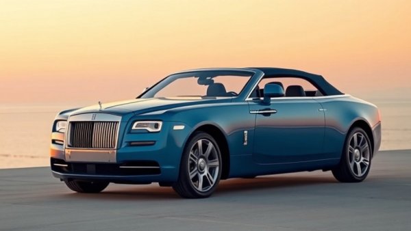 Blue Rolls-Royce convertible against a sunset horizon, Rolls-Royce Project Nightingale.