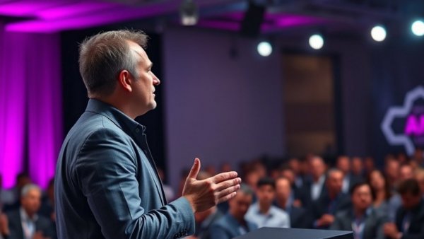 Inspiring speaker discusses overcoming business stagnation at a conference.