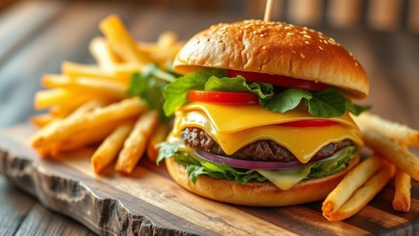 $28 burger with fries on a rustic wooden board.
