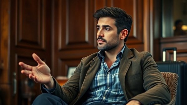 Casual man gesturing and sitting, living below your means.