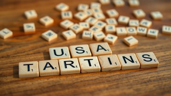 USA Tariffs spelled out with wooden letter tiles on a table.