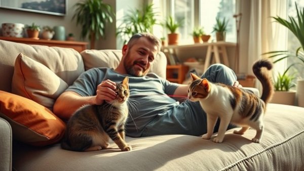 Man playing with two cats using a laser pointer indoors.