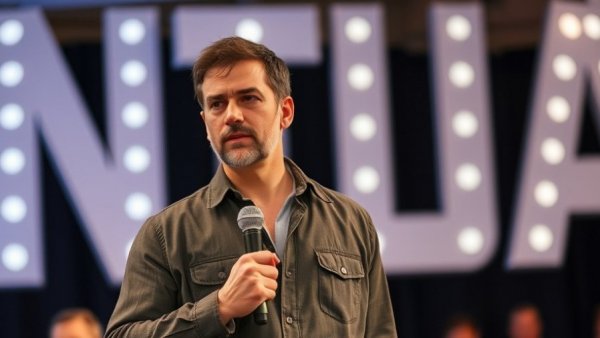 Authenticity in Social Media: Man speaking at an event with a microphone.