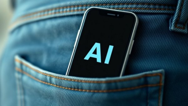 AI technology smartphone in denim pocket, related to AI-Powered Ordering in Restaurants.