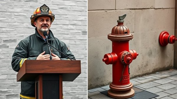 Firefighter addresses HOA dispute; red hydrant nearby.